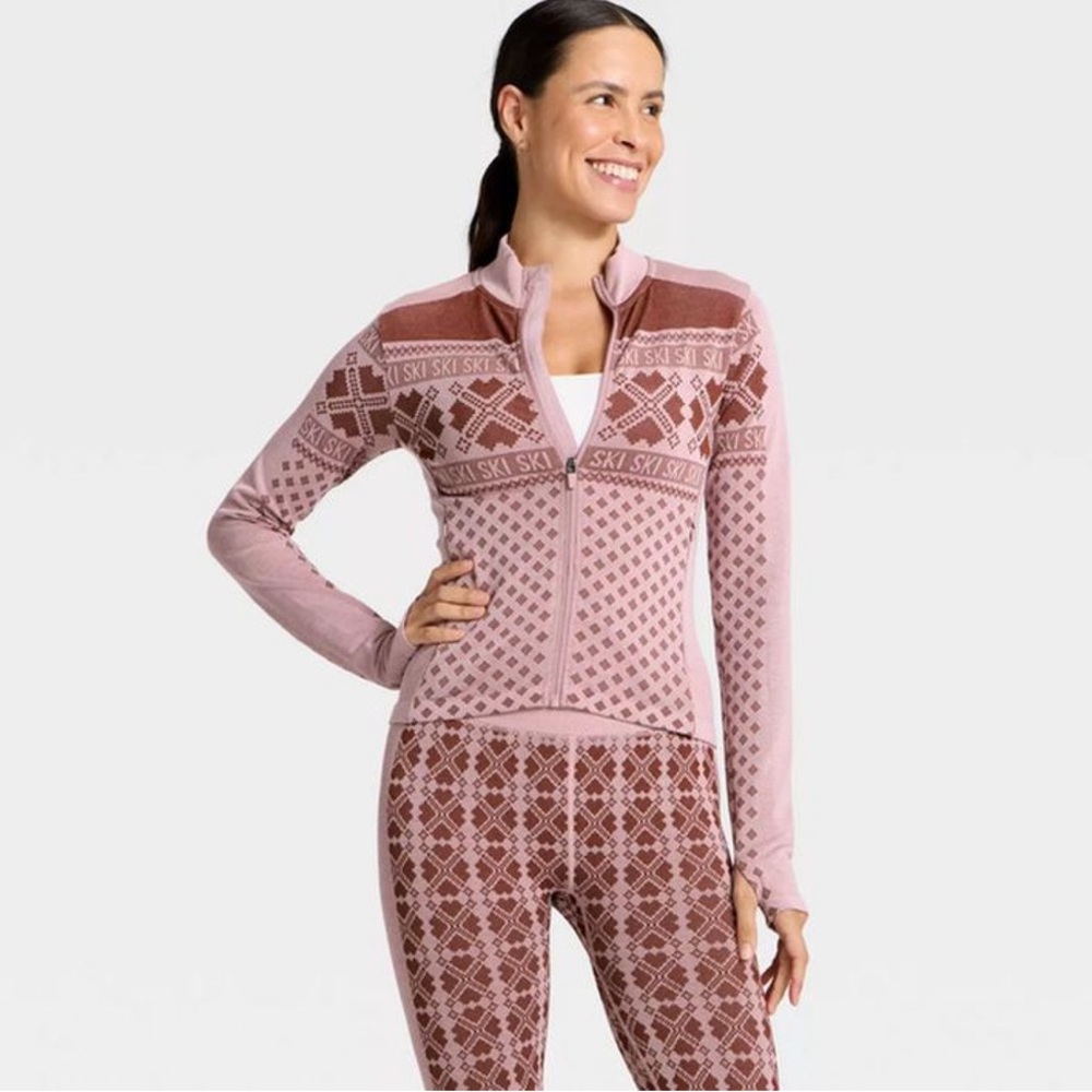 All In Motion Women's Seamless Fair Isle Printed Full Zip Jacket, XXL - Maroon